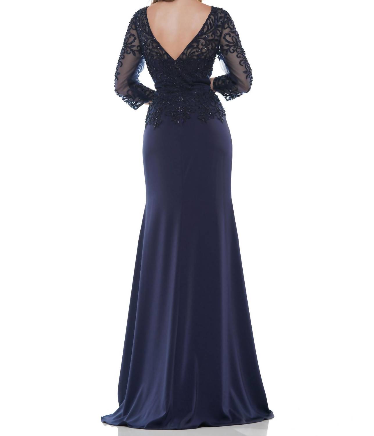 Marsoni by Colors Fit & Flare 3/4 Sleeve Gown in navy - women's dress - detail view