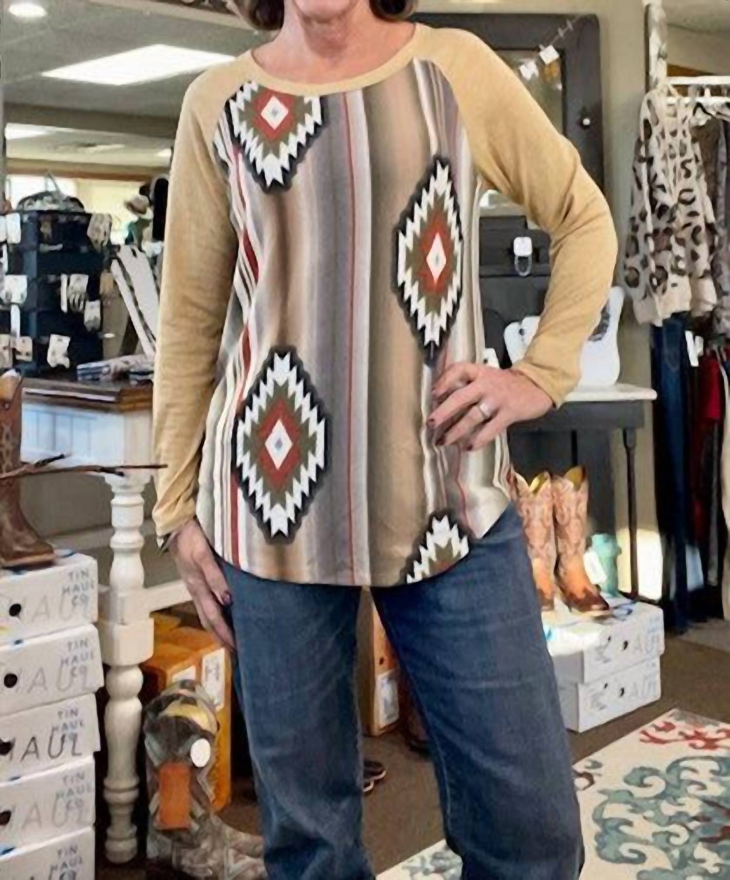 Blank - Long Sleeve Aztec Print Top