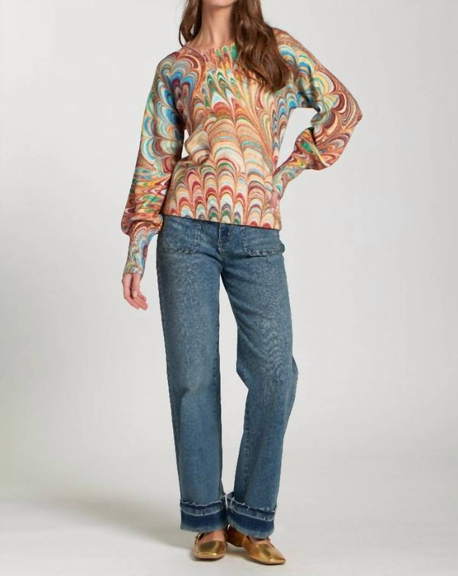 Apny - Abstract Marble Printed Puff Sleeve Pullover Top