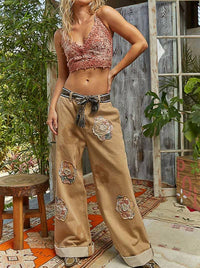 Pol - Floral Patchwork Denim Pants