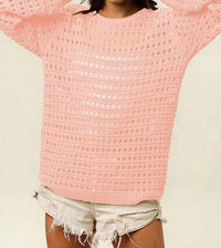 Bibi - Crew Neck Open Knit Sweater Top