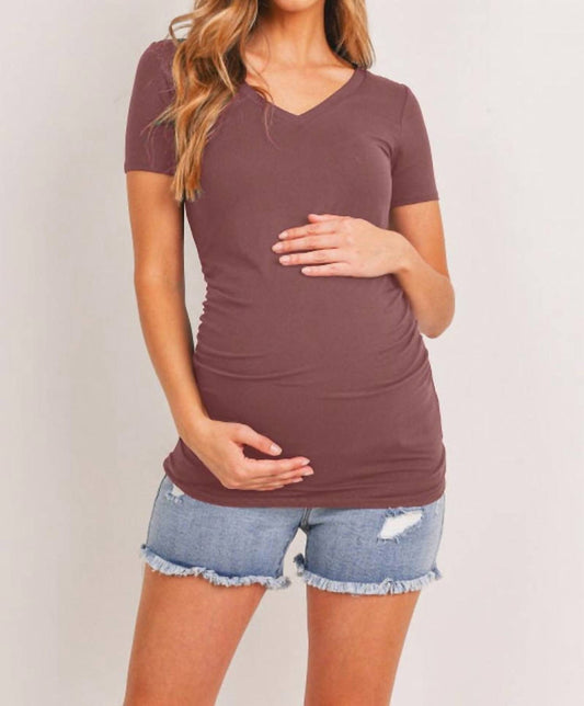 Hello Miz - Short Sleeve V-Neck Maternity Tee with Ruched Side