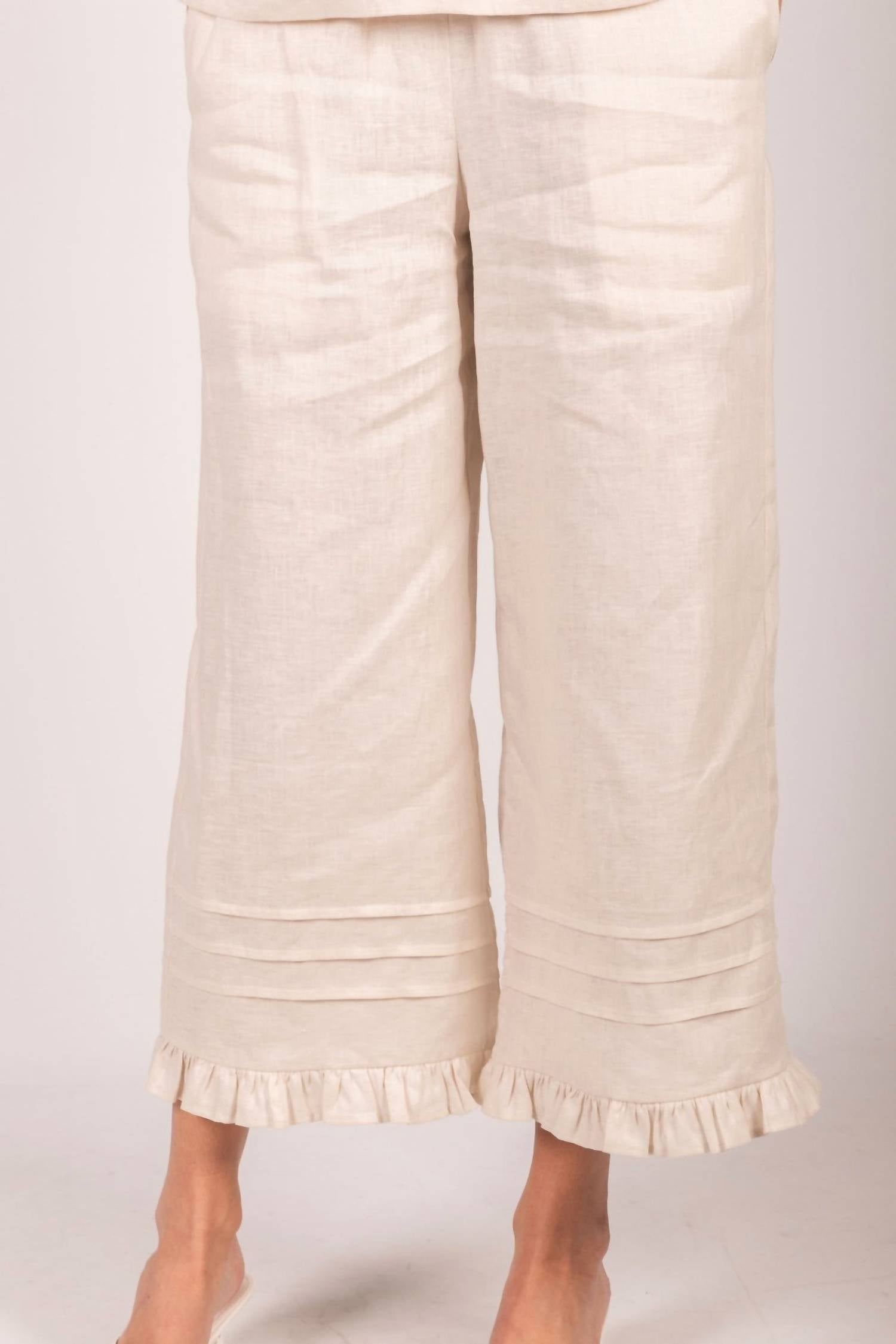 P.CILL Linen Ruffled Hem Wide Leg Pant in natural - women's pants - view 4