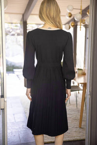 Voy - Joy Princess Sleeve Ribbon Neckline Midi Knit Dress