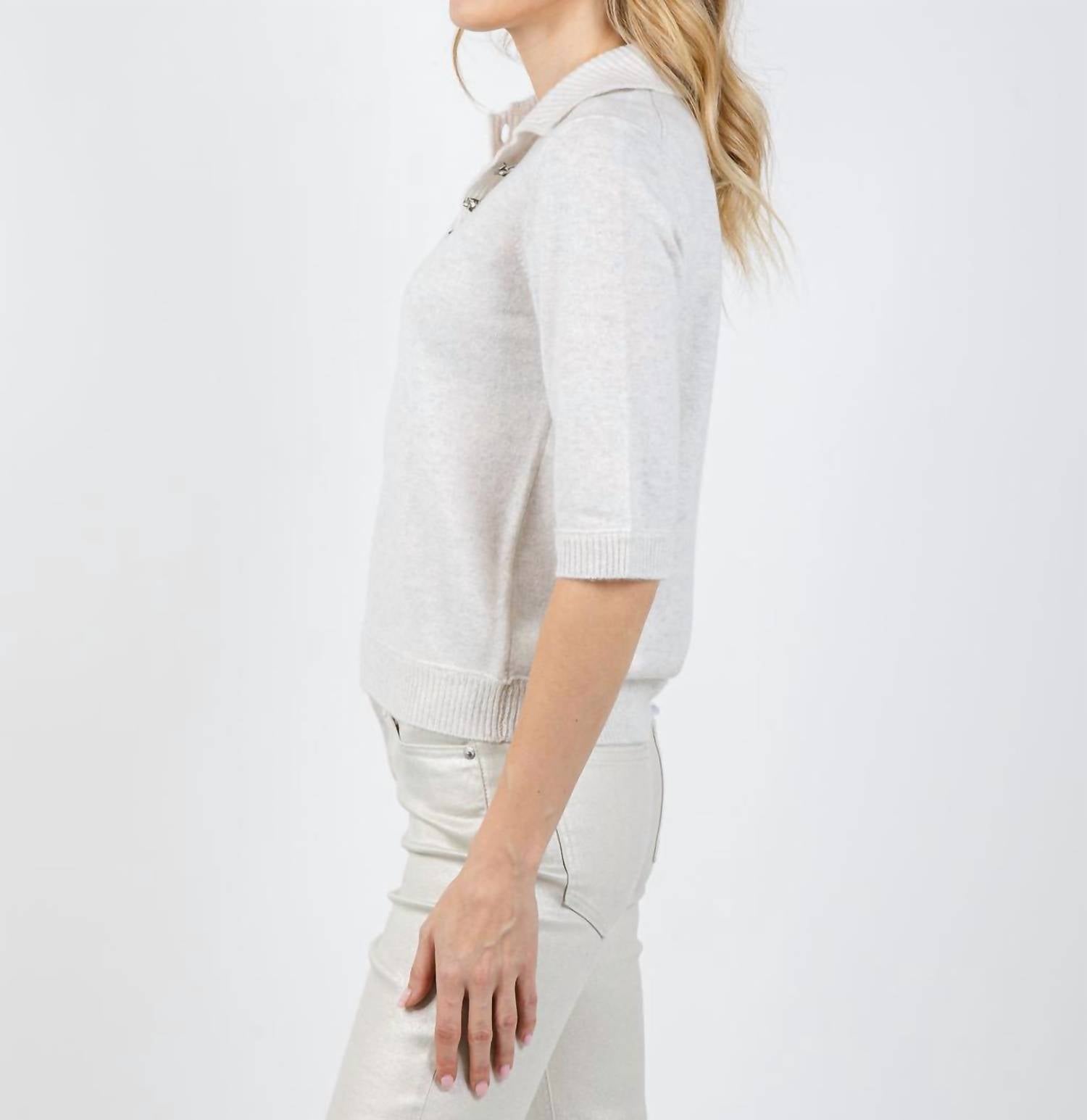 Kinross - Cashmere Crystal Button Elbow Sleeve Polo Top
