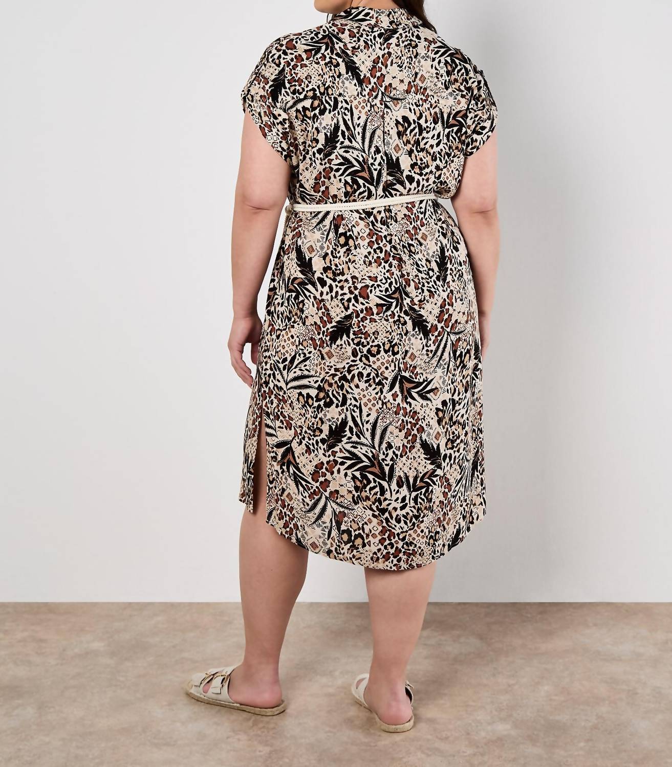 Apricot - Mixed Animal Print Shirt Midi Dress