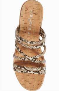J/SLIDES Women's Snakeskin Cork Wedge Sandals in natural - women's shoe - detail view
