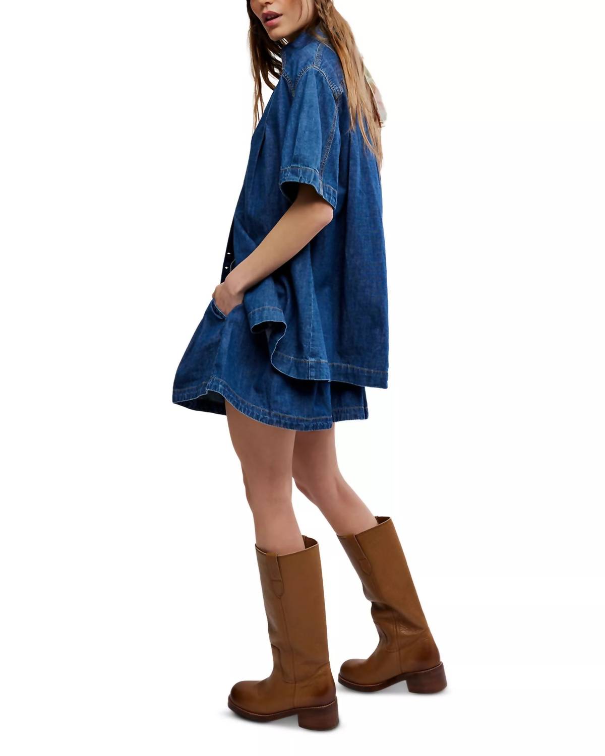 Free People Griselda Denim Shirt & Shorts Set in sea dream wash - women's sleepwear - detail view