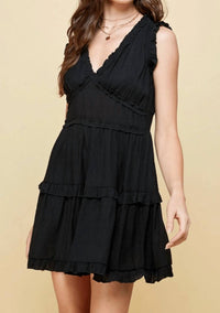 PINCH Sleeveless V Neck Ruffle Detail Dress in black 1 - women's dress - detail view