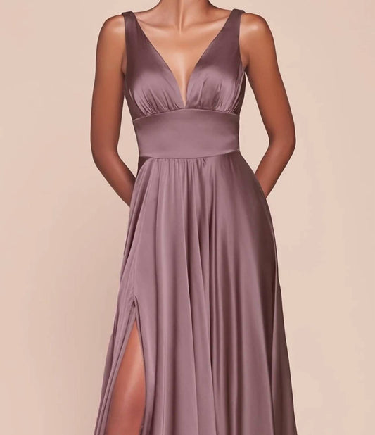 Ladivine - Long Satin A-line Dress With Slit