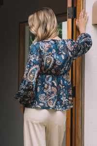 SKIES ARE BLUE Paisley Print V-neck Top in navy - women's blouse - alternate view
