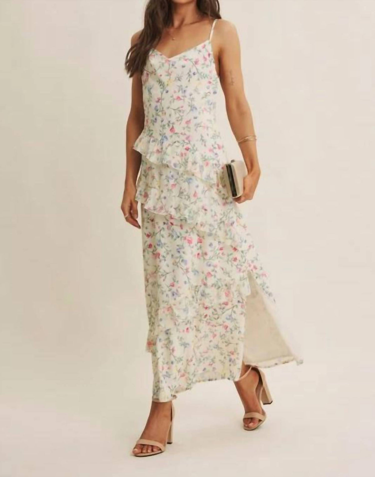 In February - Floral Fantasy Asymmetrical Ruffled Maxi Dress