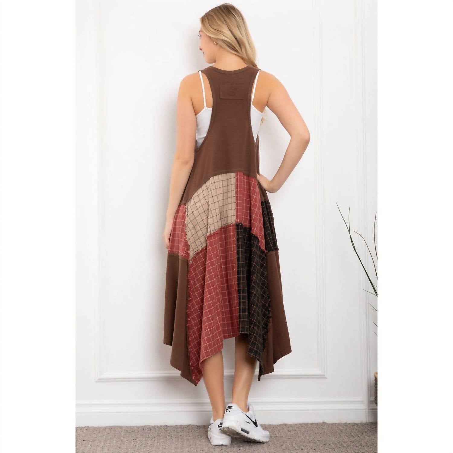 Blue Velvet Patch Work Midi Dress in brown multi - women's dress - alternate view