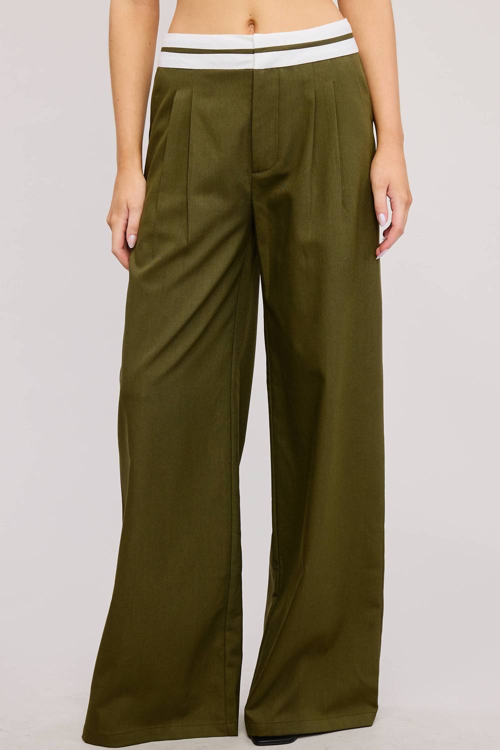Mimosa Contrast Waist Detail Woven Trouser Pant in olive - women's pants