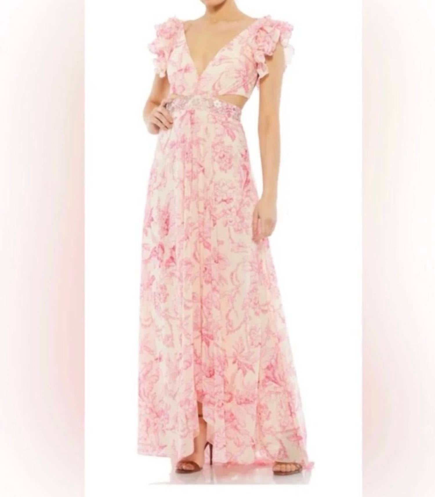 Mac Duggal - Women's Print V Neck Ruffled Strap Lace Up Back Gown