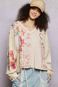 Pol - Floral Patch Embroidery Thermal Balloon Sleeve Top