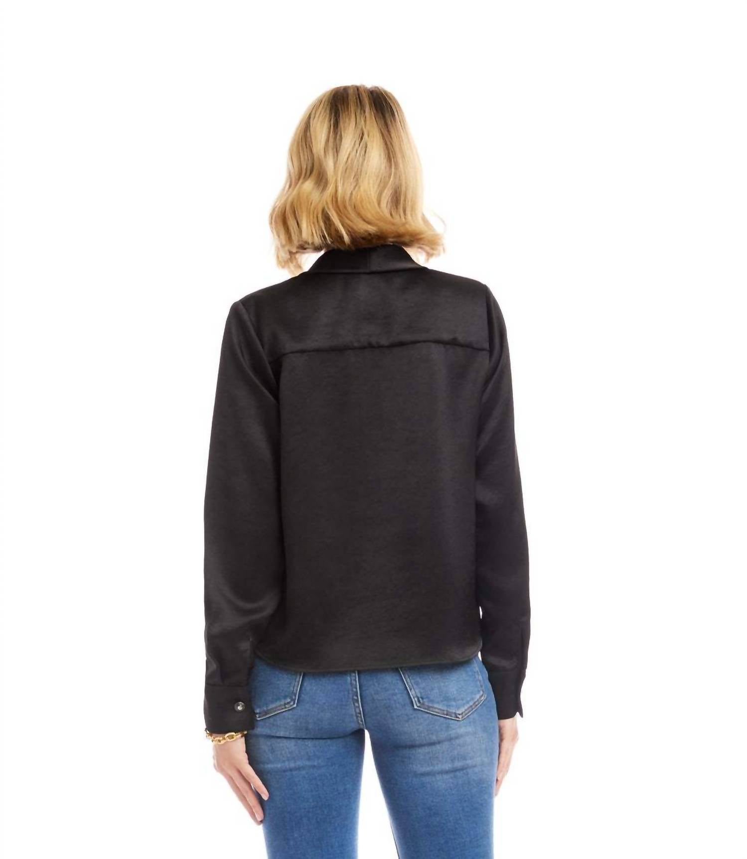Karen Kane Long Sleeve Satin Bow Top in black - women's blouse - alternate view