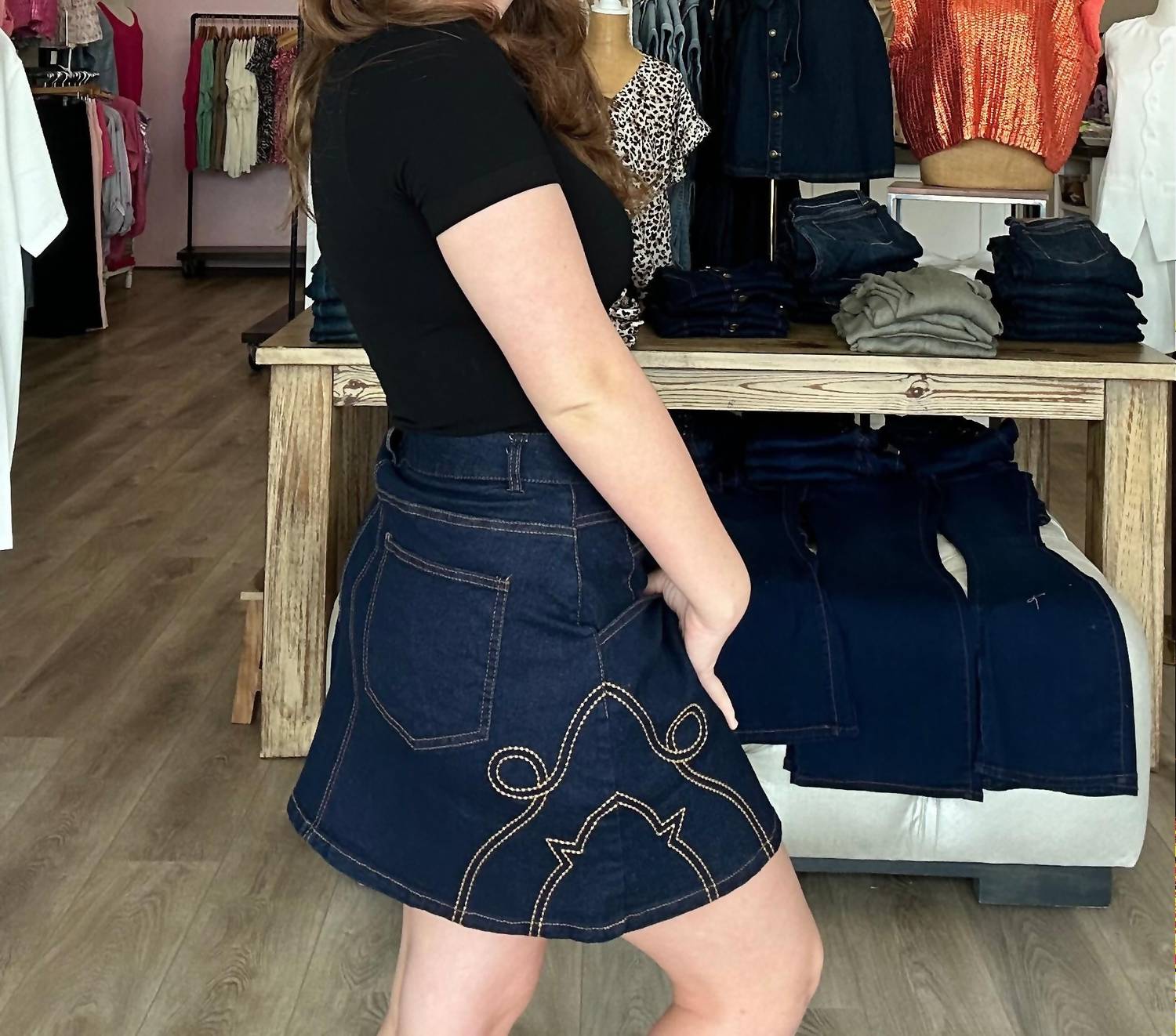 She + Sky - Stretched Denim Cow Girl Skirt