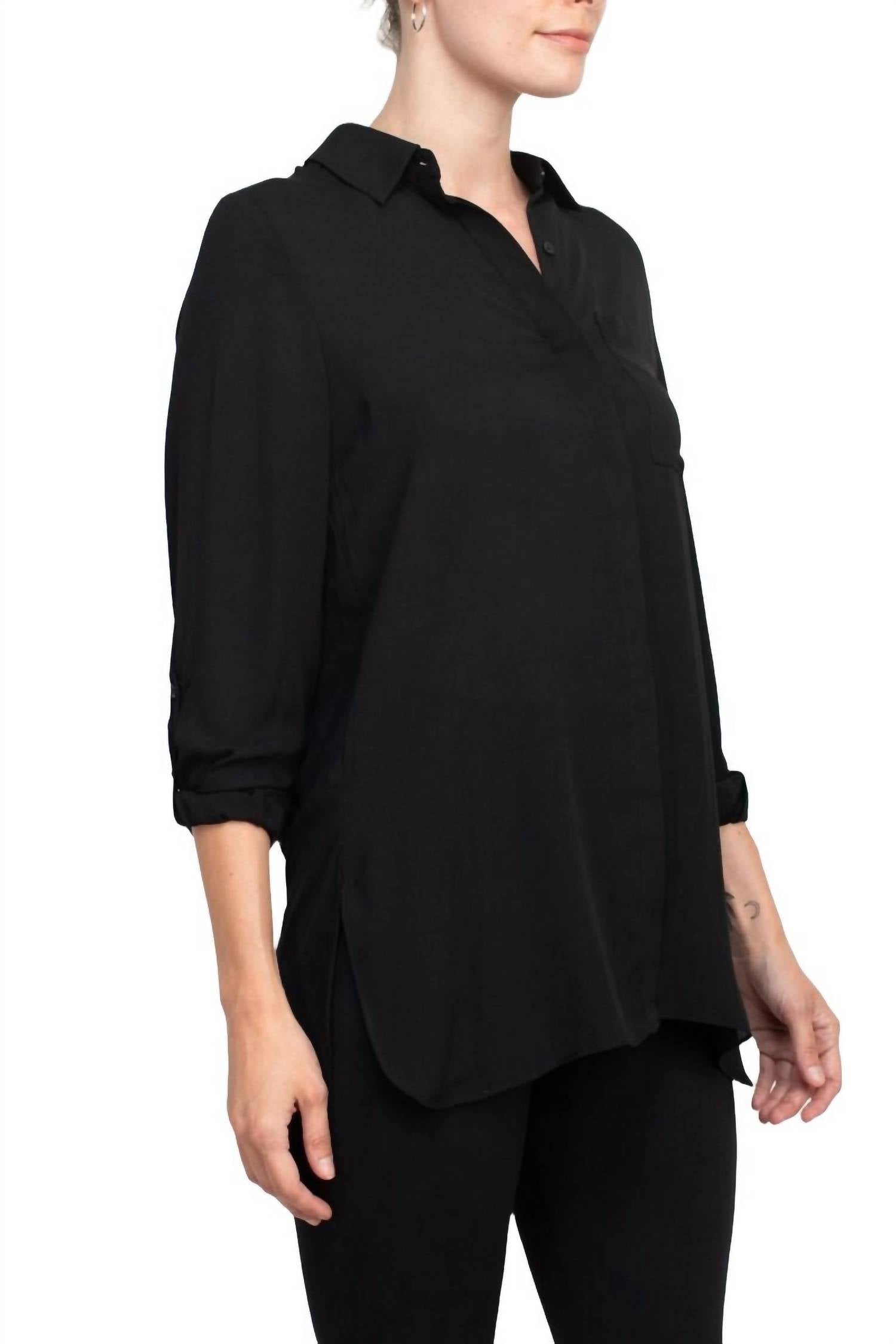 Joan Vass - Collared 3/4 Sleeves Chiffon Crepe Shirt