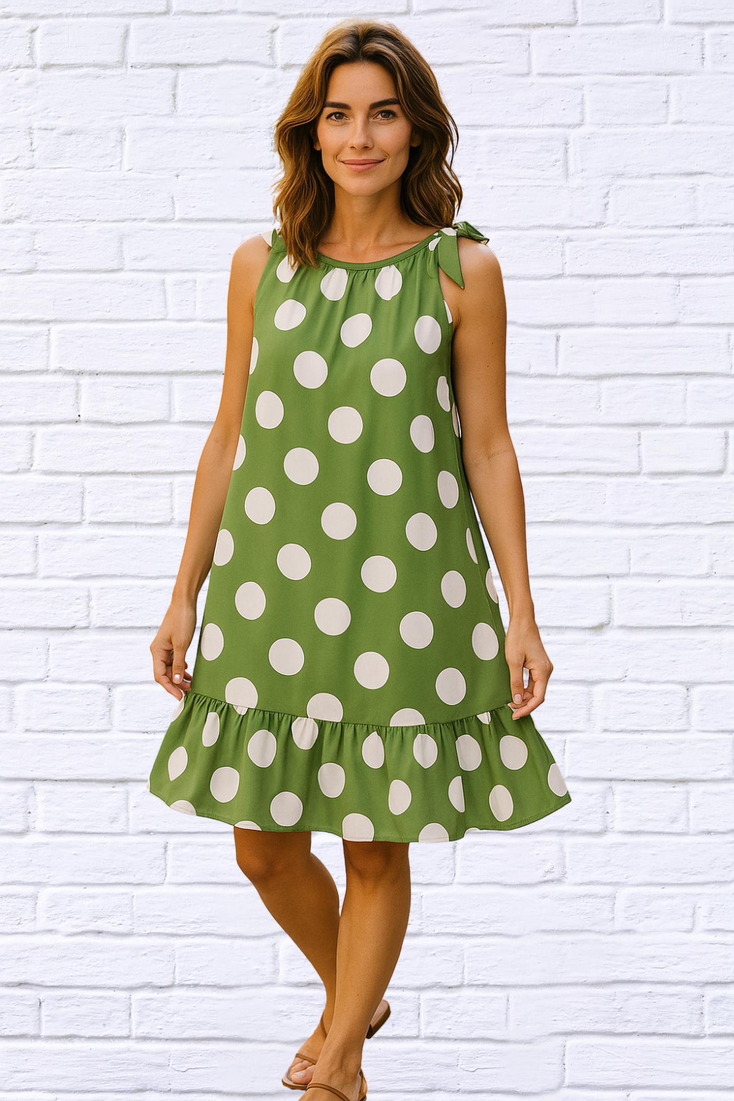 Calypso - Tie Neck Gauged Trapeze Dress