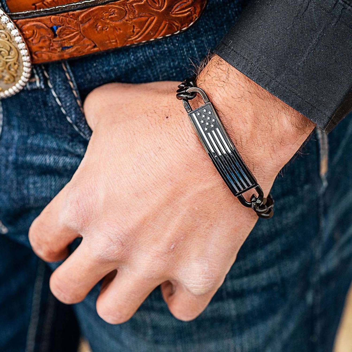 Montana Silversmiths Men's Kristy Titus Let Freedom Ring Id Bracelet in black - men's jewelry - detail view
