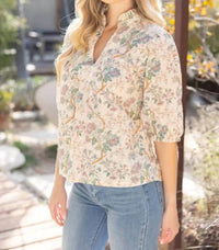 Voy - Women's Floral Eyelet Half Puff Sleeve Top