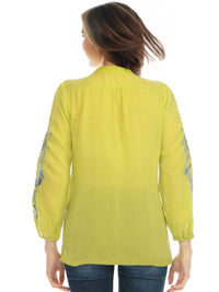 Johnny Was Eleana Embroidered Blouse in chartreuse - women's blouse - detail view