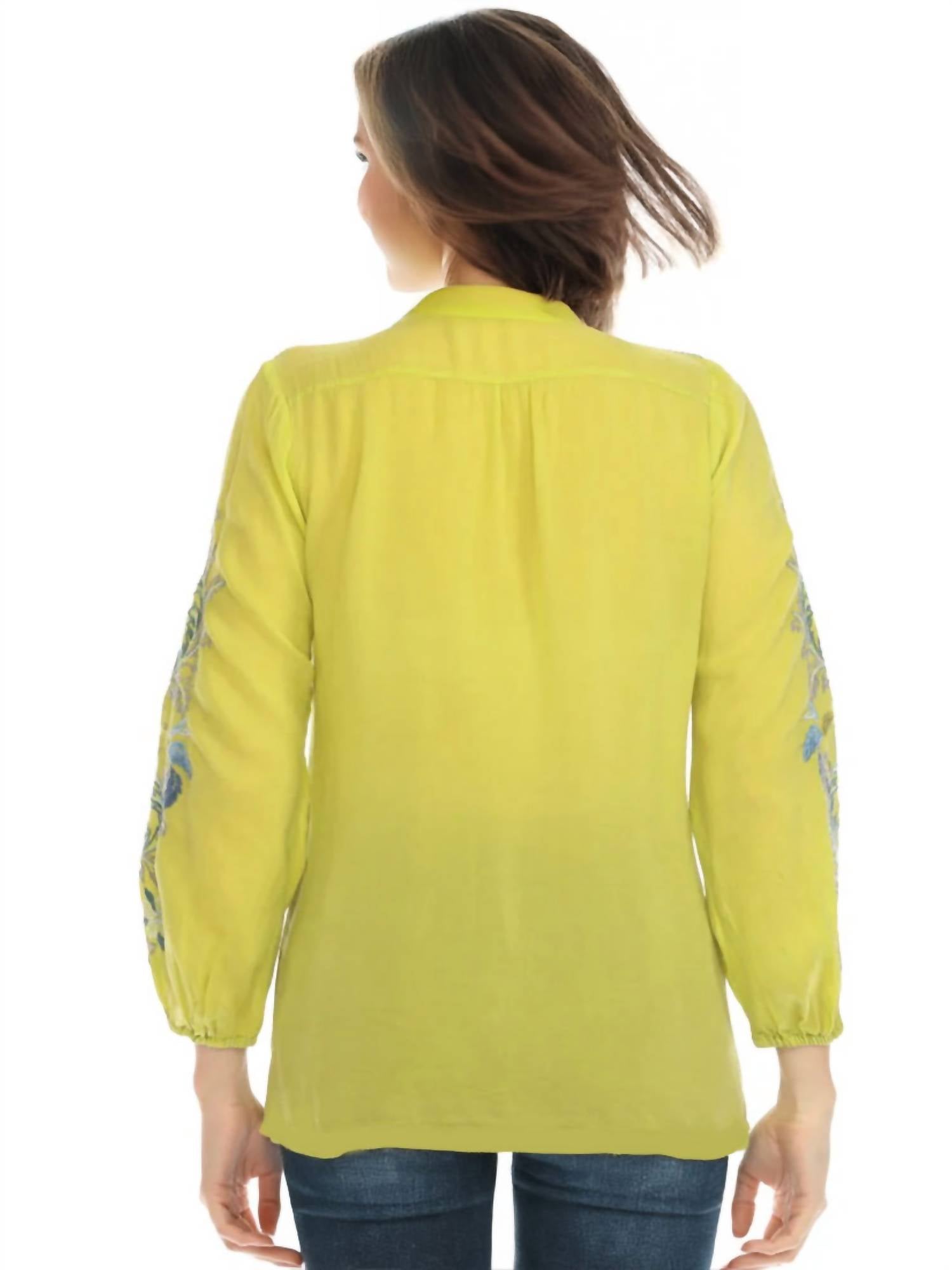 Johnny Was Eleana Embroidered Blouse in chartreuse - women's blouse - detail view