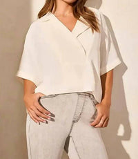 TRIBAL Flowy Popover Short Sleeve Top in coco milk - women's blouse