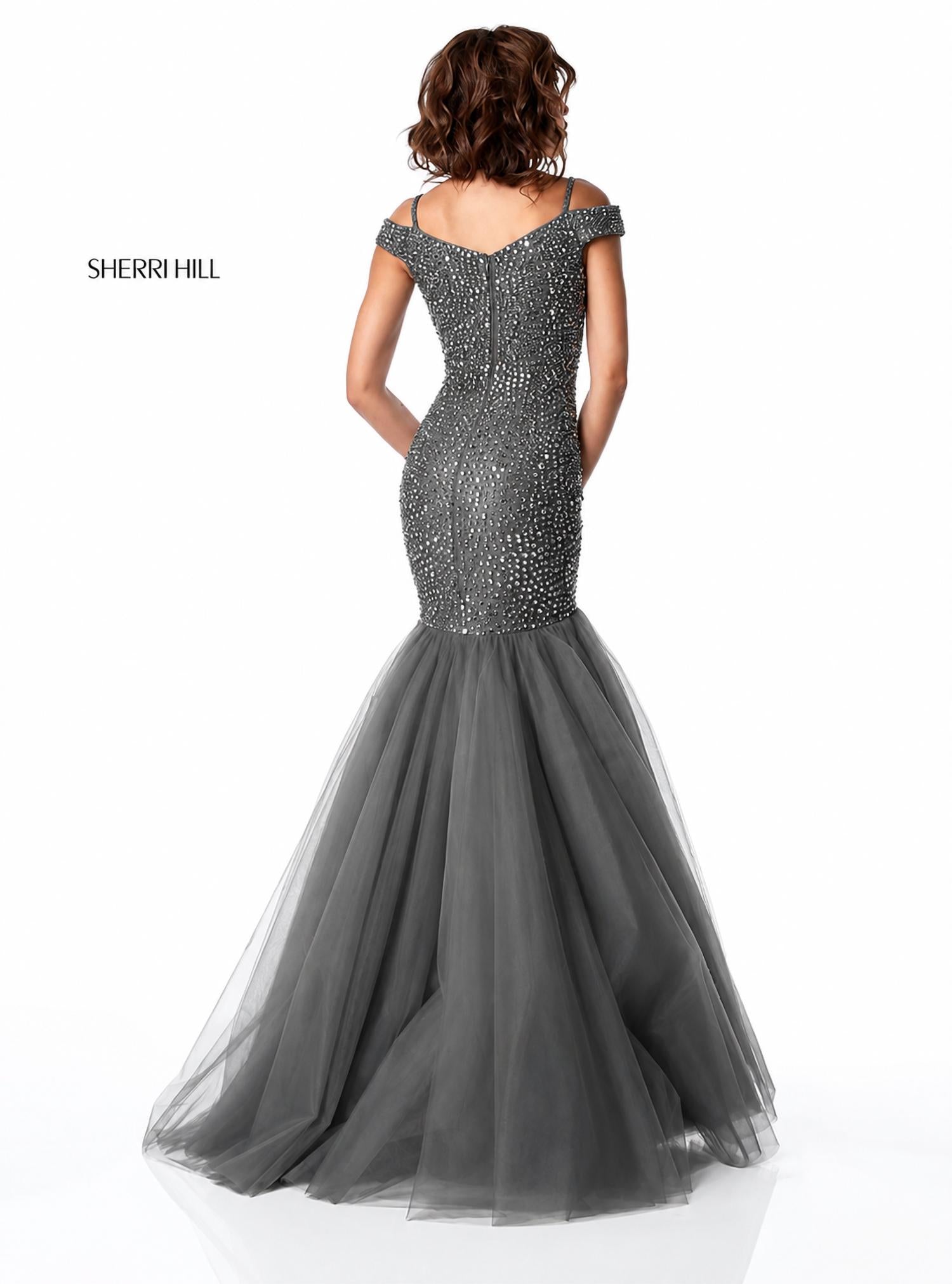 Sherri Hill Beaded Mermaid Gown in gunmetal - women's dress - detail view