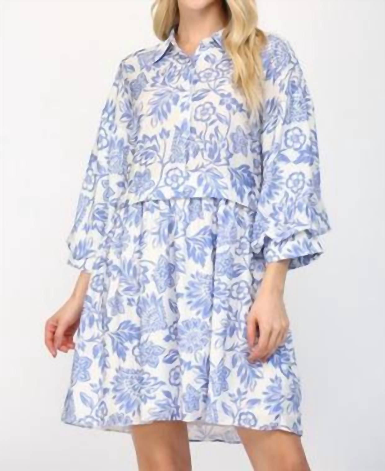 Fate Puff Sleeve Shirt Mini Dress in white blue - women's dress