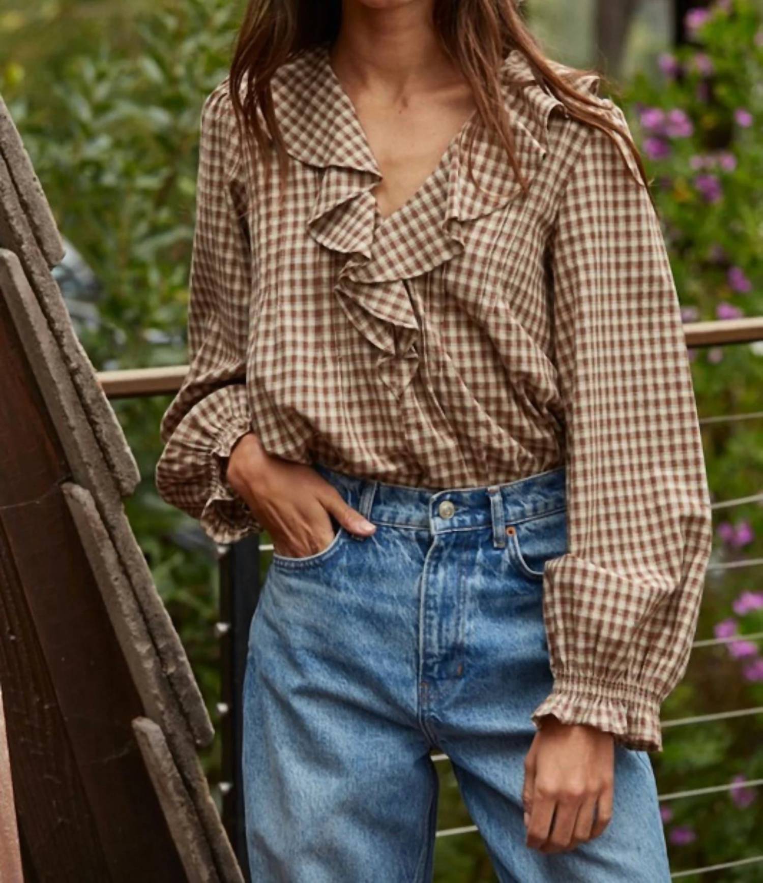 By Together - Woven Cotton Gingham Ruffled Blouse