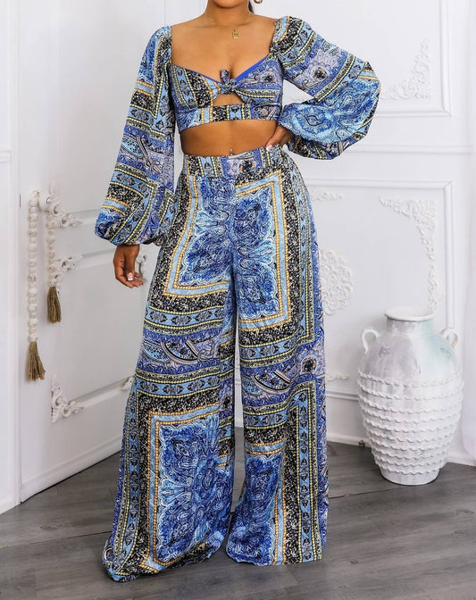 Surelymine - Bold Baroque Print Two-piece Set Tie Front Crop & Wide Pants