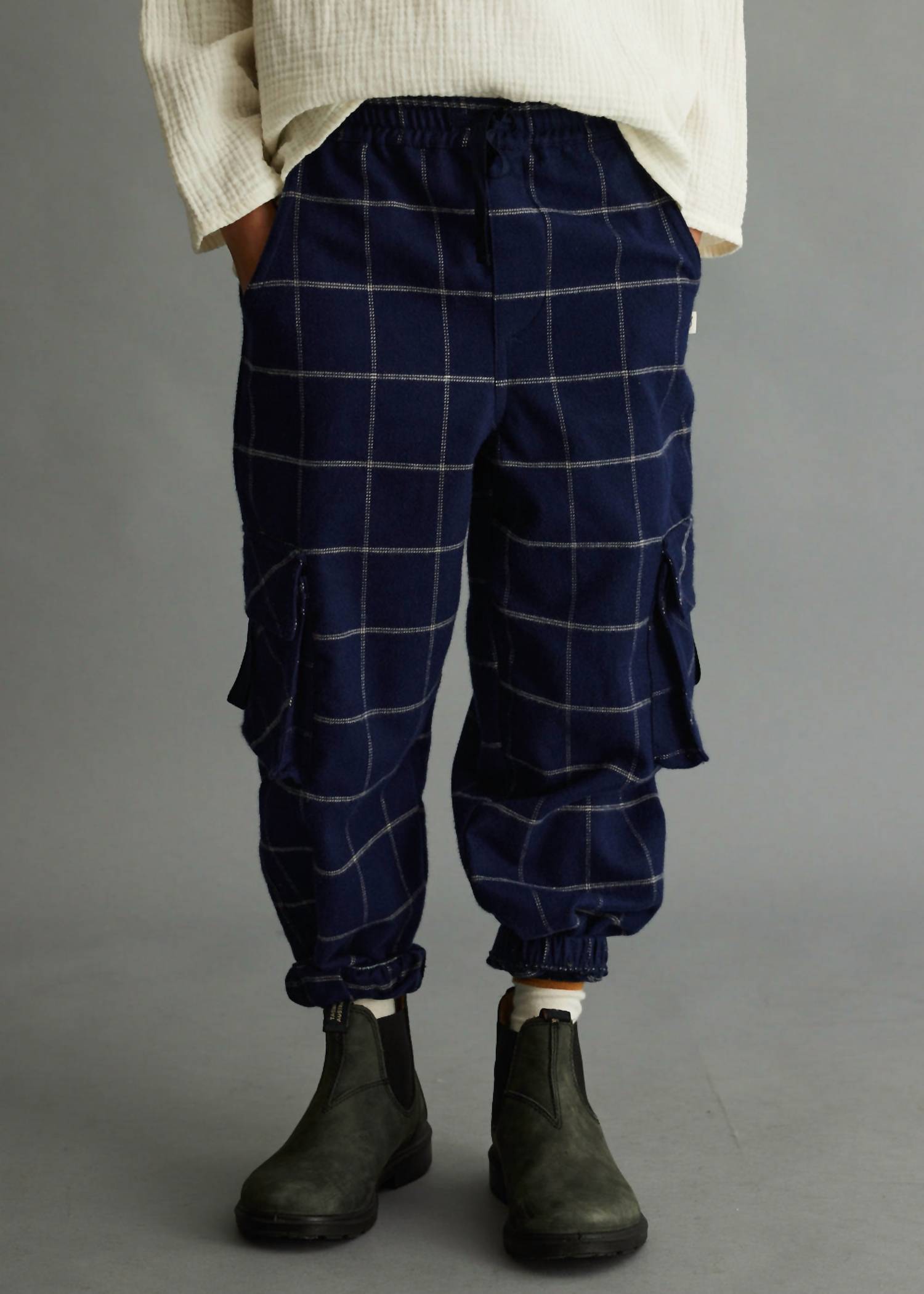 Cozmo Kid's Tobias Plaid Flannel Pants in navy - kids' joggers - detail view