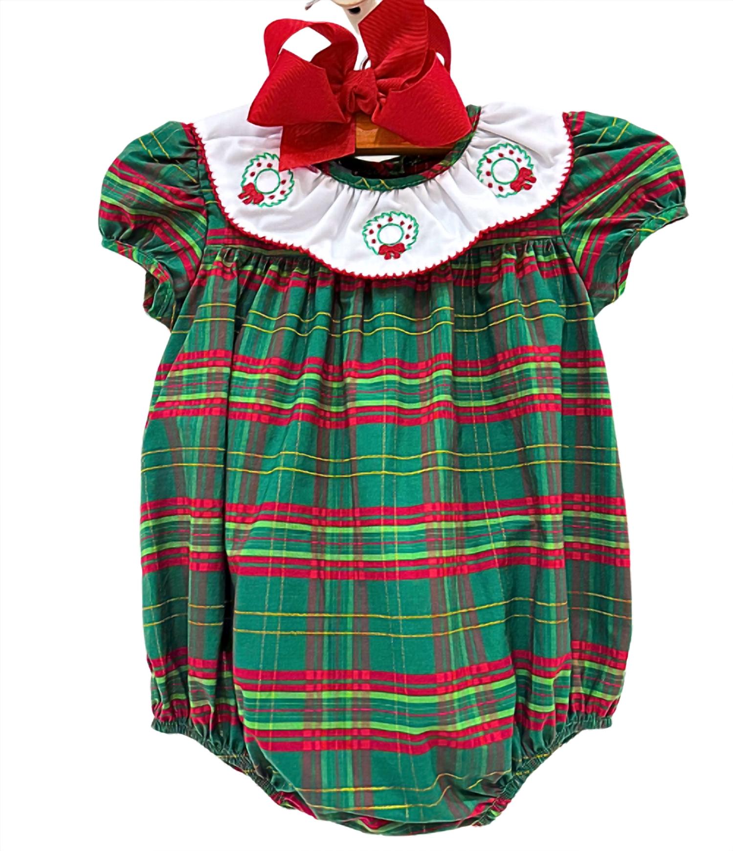 Charming Little One Girl's Berry Wreath Grace Bubble Romper in green multi - kids' item
