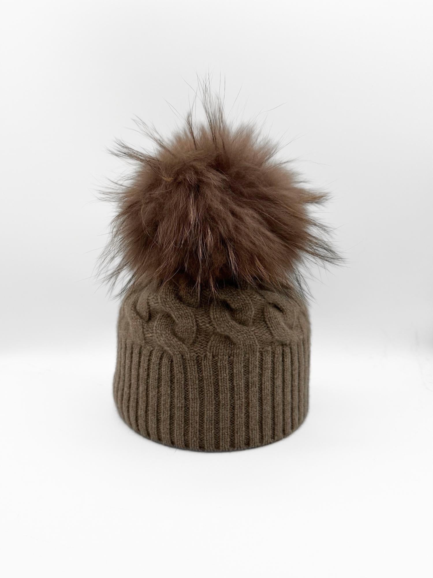 linda richards Women's Cashmere Single Knit Cable Pom-pom Hat in brown - women's hat