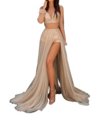 Tarik Ediz - Macerta Sheer Bodice High Slit Dress