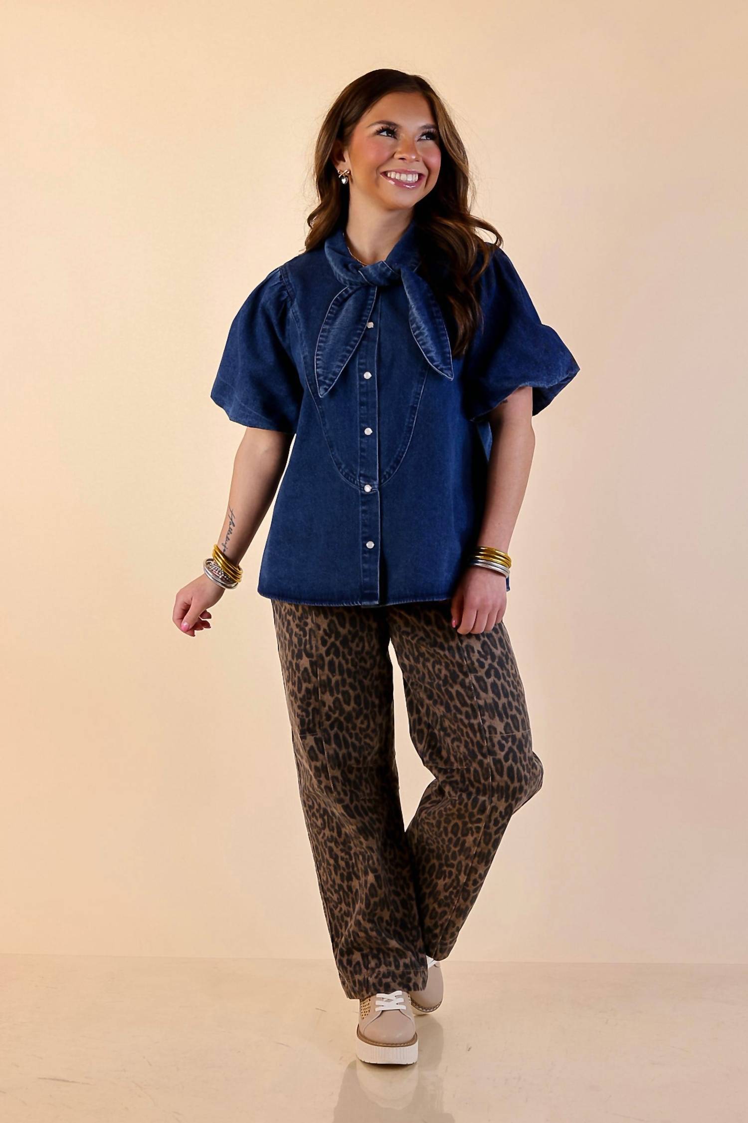 Entro - Front Tie Pearl Snap Button Top
