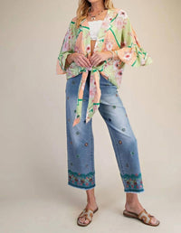 Easel - Floral Peach Blossom Kimono Tie Shrug Top