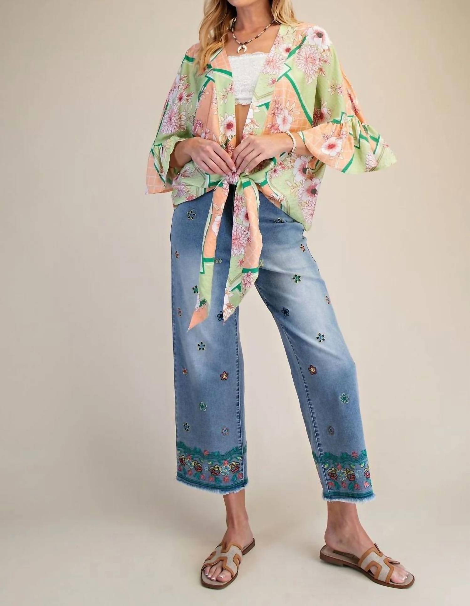 Easel - Floral Peach Blossom Kimono Tie Shrug Top
