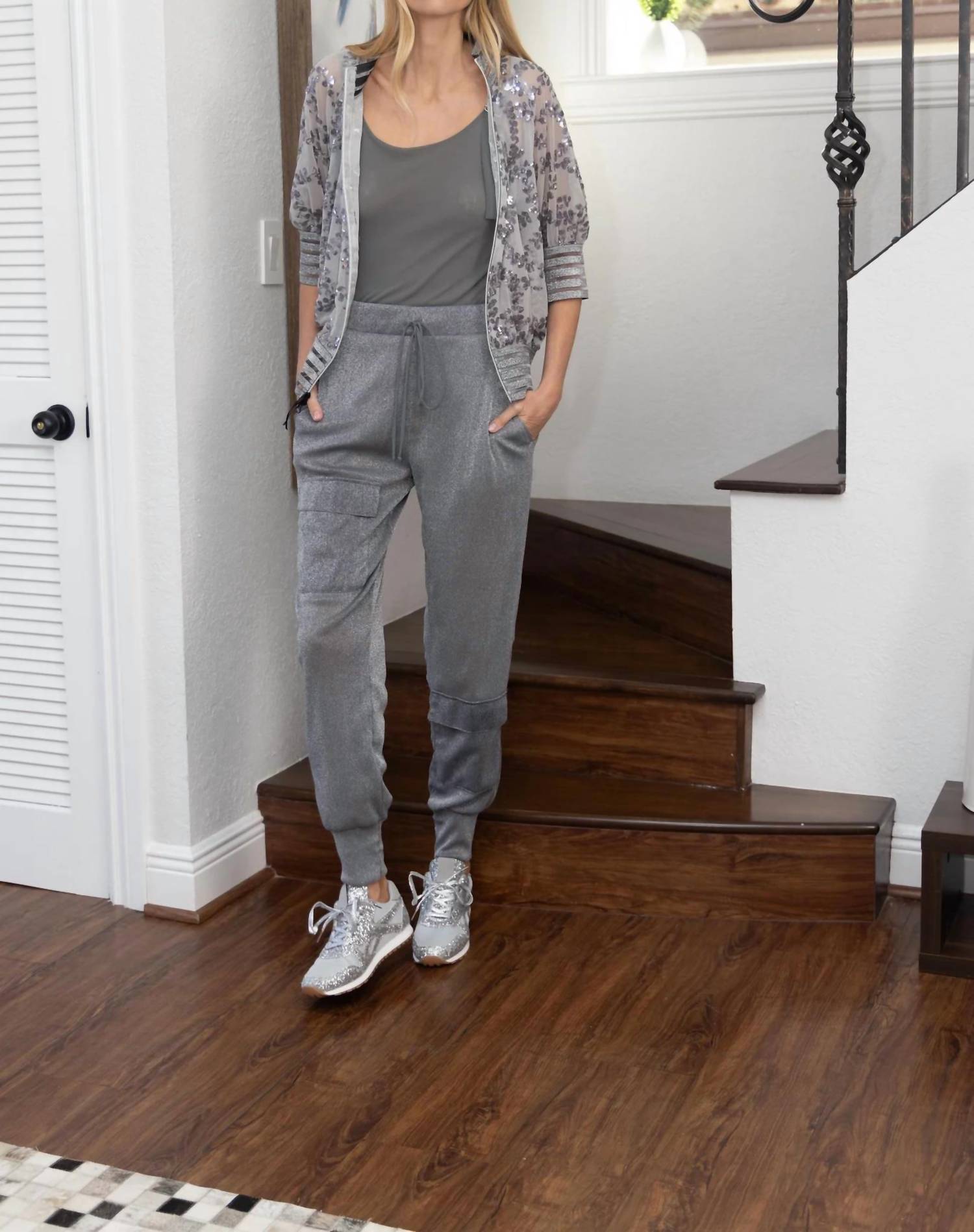 Petit Pois By Viviana G Sparkling Knit Mesh Jogger in gunmetal - women's pants
