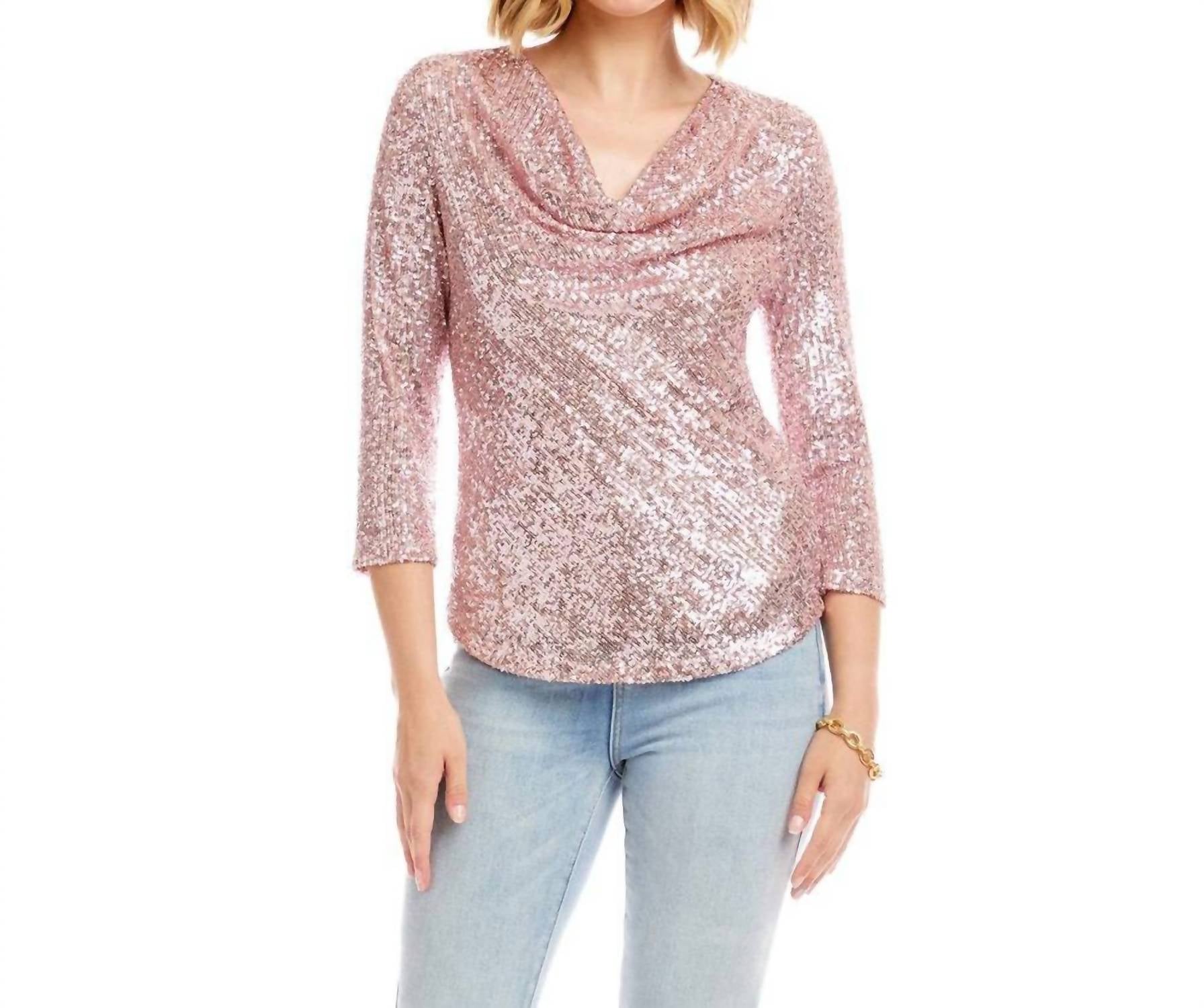 Karen Kane 3/4 Sleeve Drape Front Sequin Top in pink - women's long sleeve top