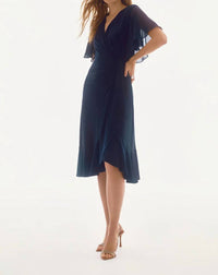 Joseph Ribkoff - V-neck Flutter Sleeve Faux Wrap Dress