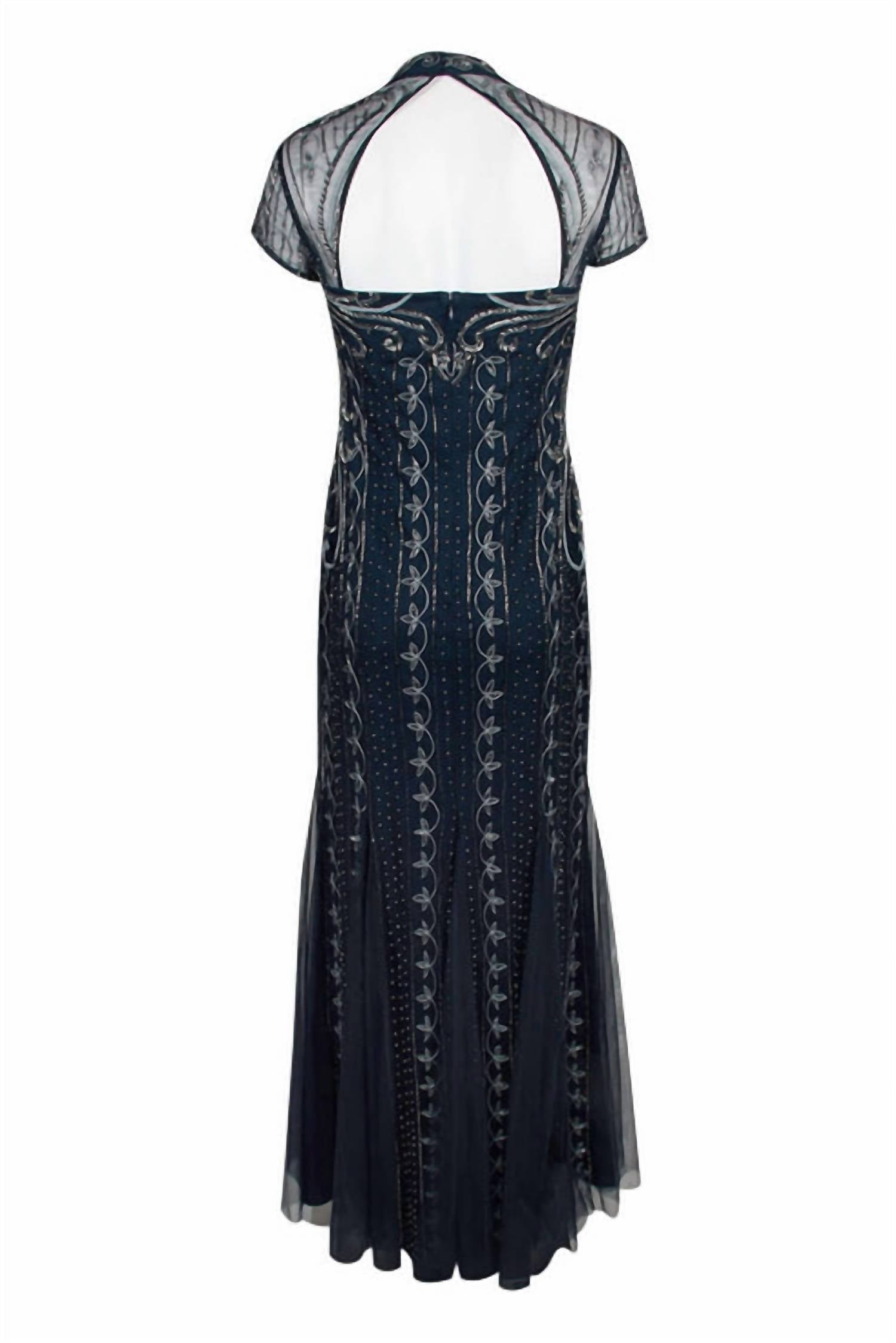 Adrianna Papell - V-neck Godet Cutout Back Embellished Mesh Gown