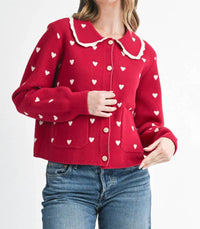 AEMI + CO Heart Pointelle Peter Pan Cardigan in red - women's cardigan