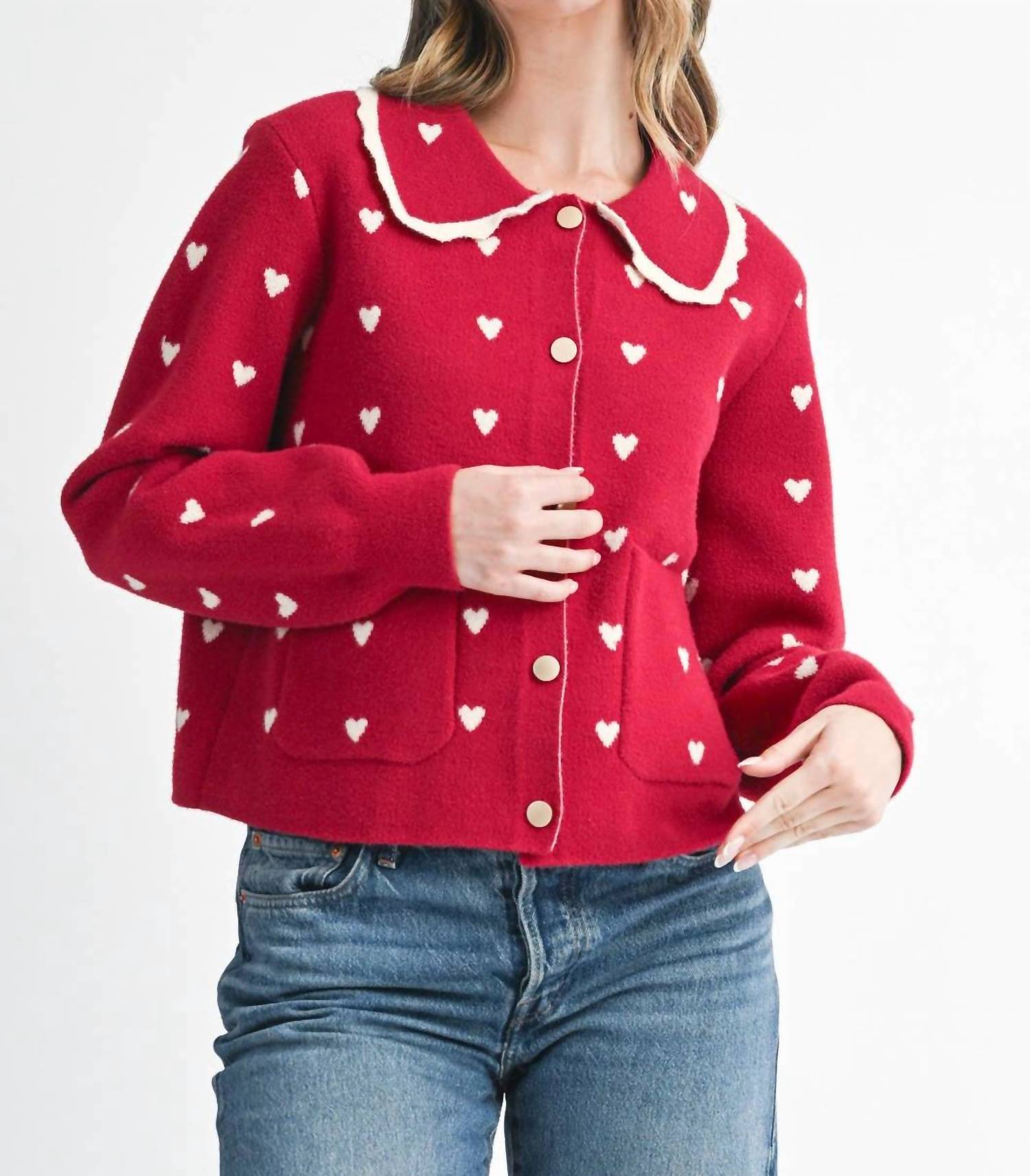 AEMI + CO Heart Pointelle Peter Pan Cardigan in red - women's cardigan