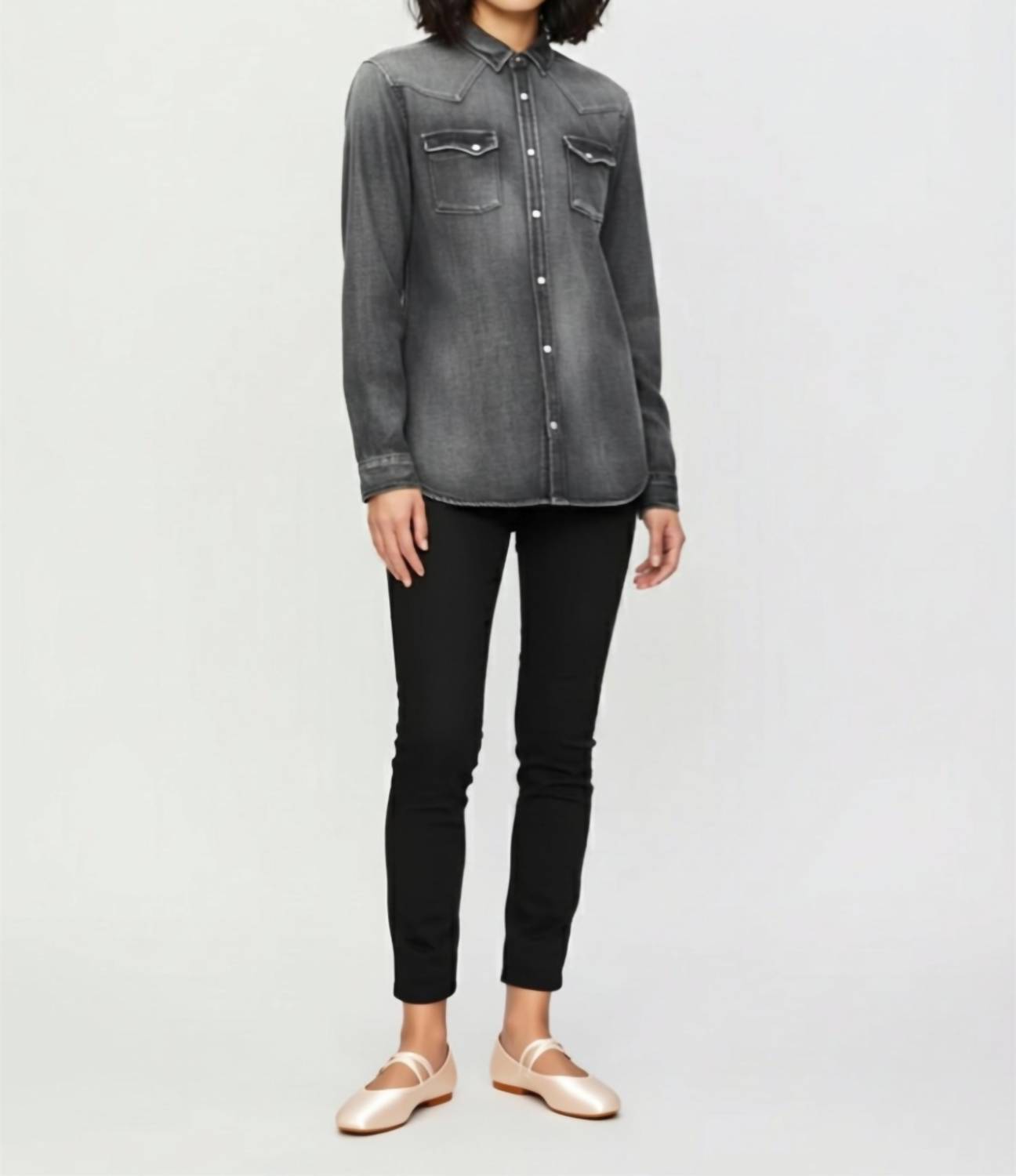 THE KOOPLES Denim Button Up in washed grey - women's long sleeve top
