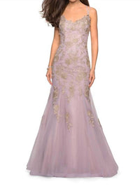 La Femme Lace Applique Tulle Mermaid Gown in mauve gold - women's dress