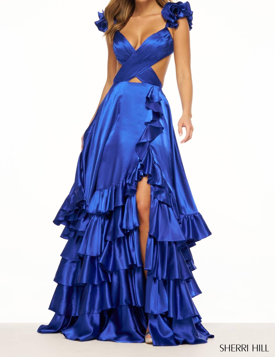 Sherri Hill Floaty Backless Gown With Ruffle Skirt And Slit in ocean blue - women's dress