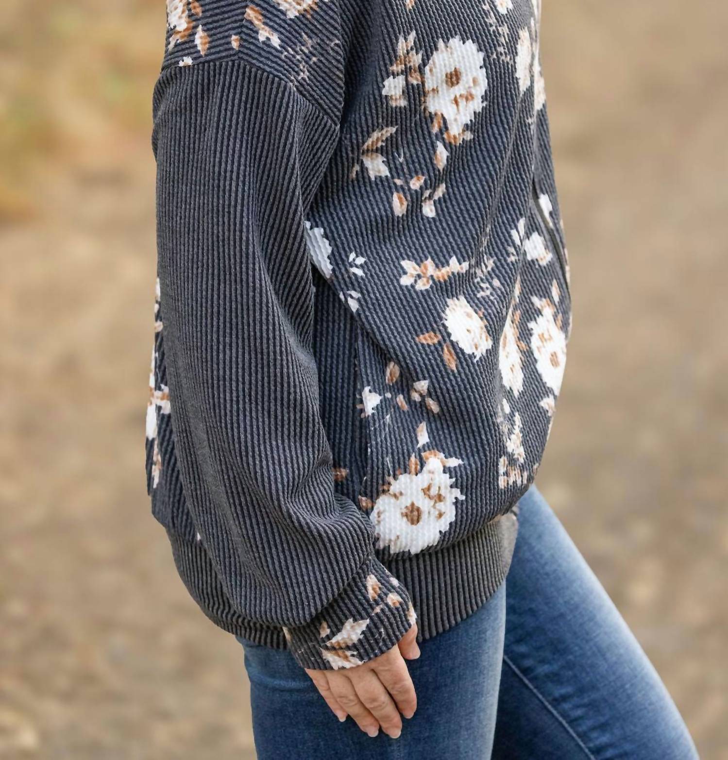 Michelle Mae - Ramona Ribbed Floral Zip Up Hooded Bomber Jacket